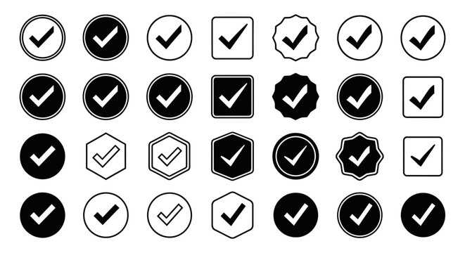 Checkmark and task completion icons set featuring various shapes and styles for user interface and document validation design