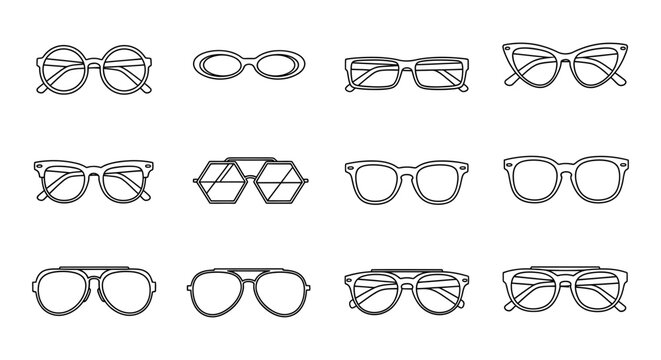 Fashionable eyewear and glasses frame collection including various styles for optical shop and design projects in vector format