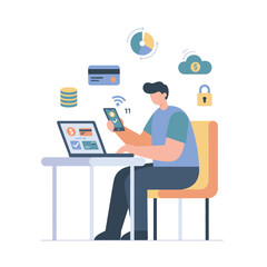 Fototapeta premium Man Using Mobile Phone with Financial Icons Surrounding Him