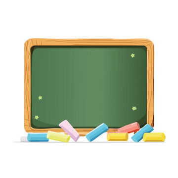 Green chalkboard with colorful chalk pieces on white background