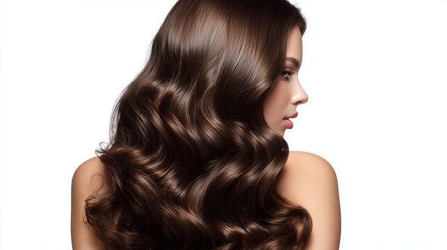 Vue de profil professionnelle d'un mannequin f&eacute;minin aux extensions brunes ondul&eacute;es, &eacute;paisses, volumineuses et extra-longues. Isol&eacute; sur fond blanc