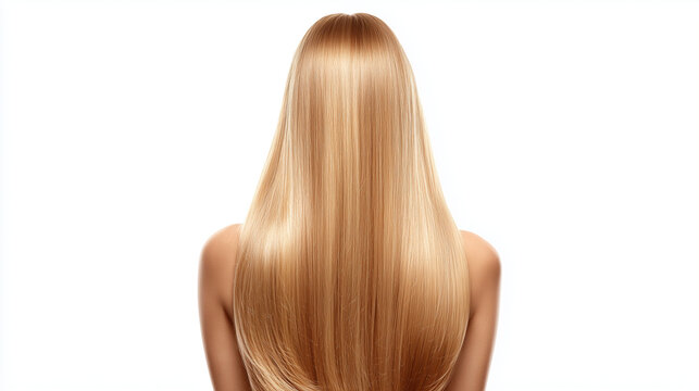 Vue de dos professionnelle d'un mannequin f&eacute;minin aux extensions blondes, lisses et soyeuses, extra-longues. Isol&eacute; sur fond blanc