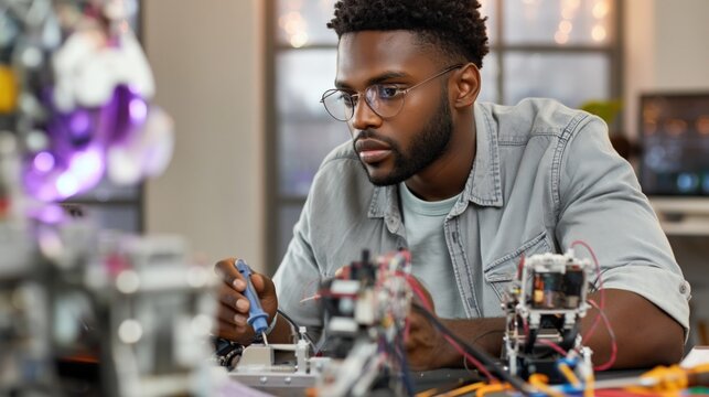 Engineer soldering components at electronics prototyping table