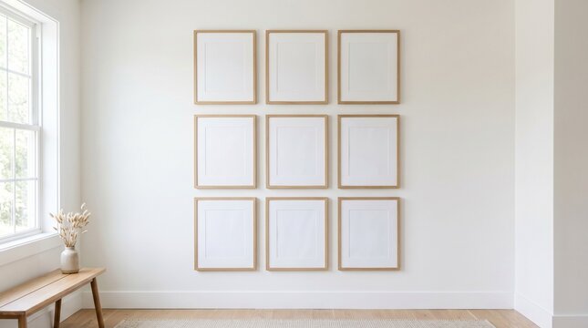 Nine blank wooden picture frames in a grid on a white wall in a bright minimalist room mockup for art display