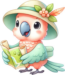Fototapeta premium Parrot hat map cartoon cute travel bird with sunhat holding map on white
