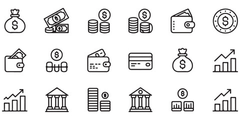 Fototapeta premium Monetary transaction icon bundle including coin stacks bank architecture wallet dollar bags and analytical success charts.