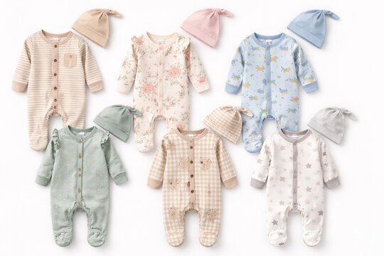 Adorable baby clothes and hats in various patterns and colors laid out