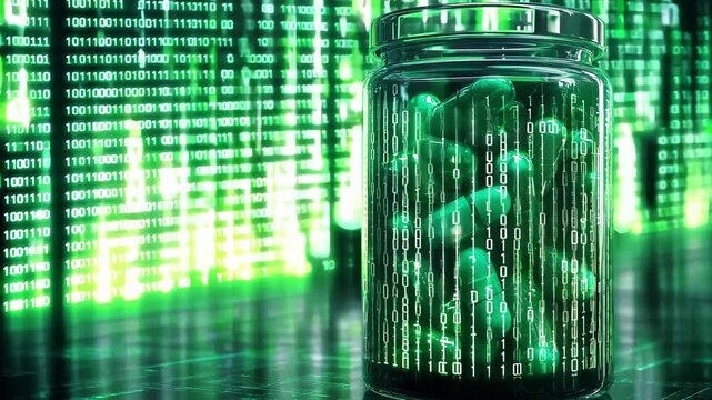 A glass jar filled with green capsules is displayed against a backdrop of binary code at night