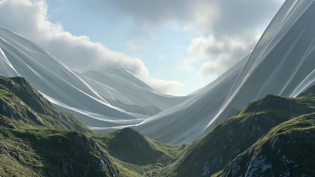 A surreal landscape with plastic sheeting draped over a green mountain range under a cloudy sky