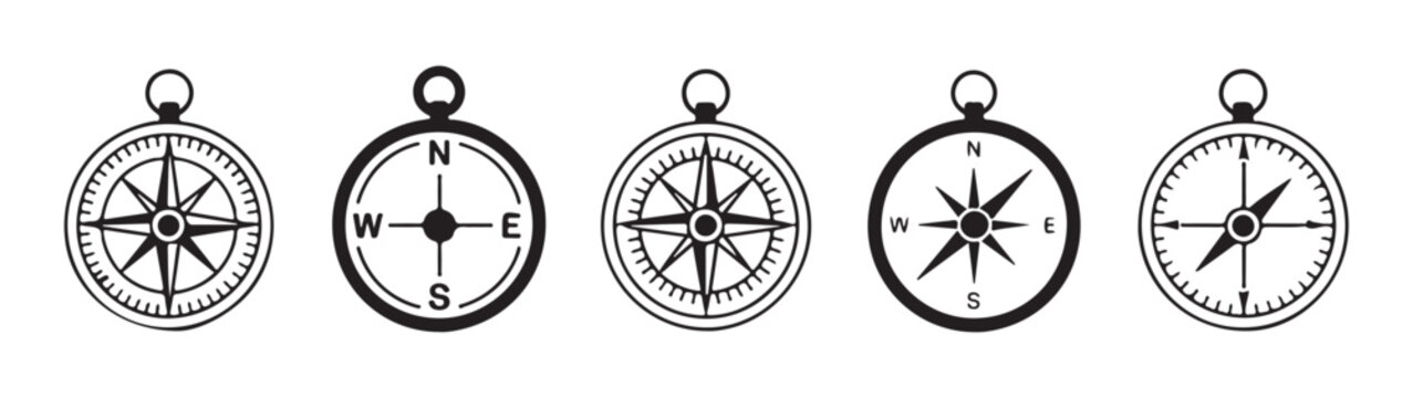Vintage pocket compass collection with nautical navigation symbols and cardinal points for maritime adventures.