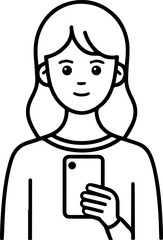 Obraz premium Hand Drawn Woman Using Smartphone Black and White Illustration in Minimal Line Art Style Design