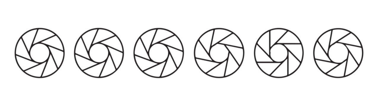 Camera shutter aperture icons outline vector set. various photographic diaphragm open and close symbols collection.