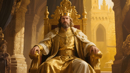Obraz premium A regal king adorned in golden regalia sits upon his ornate throne, exuding an aura of power and majesty within a grand, sunlit chamber