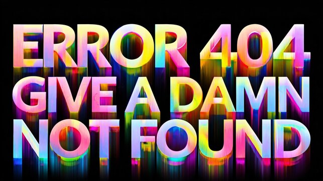 Colorful digital illustration of an error message displaying "ERROR 404 GIVE A DAMN NOT FOUND" with vibrant gradients and abstract background patterns