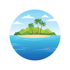 Obraz premium Tropical island scene with palm trees and ocean waters in a circular design