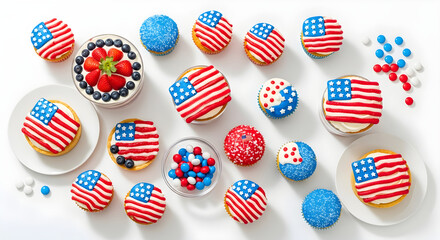 Fototapeta premium Festive fourth of july decorated dessert treats on white plates