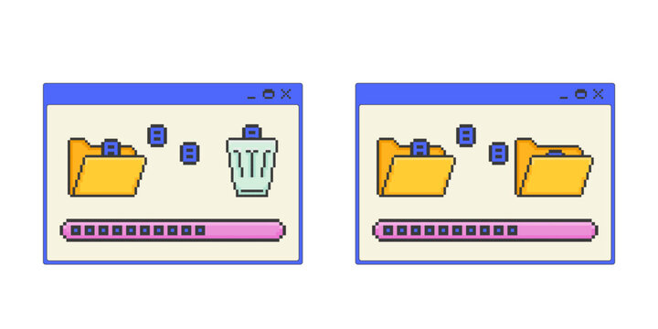 File management pixel art popup windows UI overlay set. Document delete and transfer progress bars. Folder system. Blocky interface element collection in retro 8bit style. Bitmap-inspired UX design