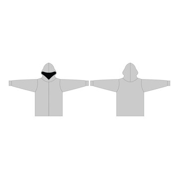 T-Pose Zip-Up Hoodie front and back view vector mockup. Pocketless streetwear clothing flat sketch template with full zipper for apparel tech pack.