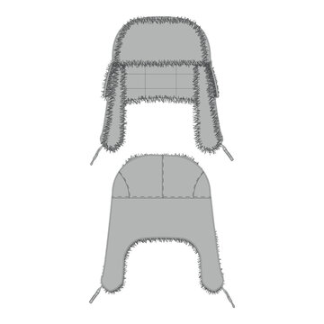 Trapper Hat front and open view blank mockup template for winter clothing design. Grey ushanka with faux fur and ear flaps isolated vector flat sketch.