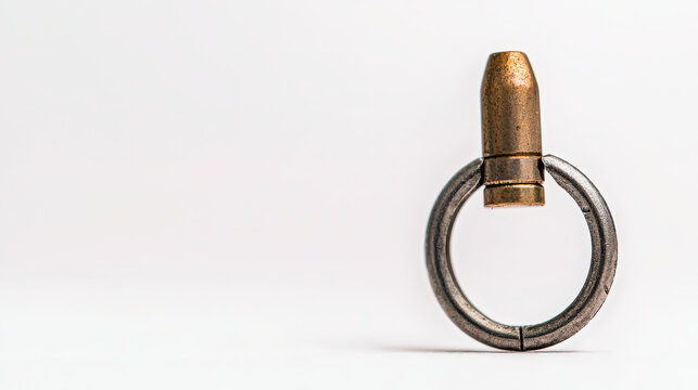 Macro shot of grenade pin ring with bullet, showcasing intricate details and textures, evokes sense of military history and craftsmanship
