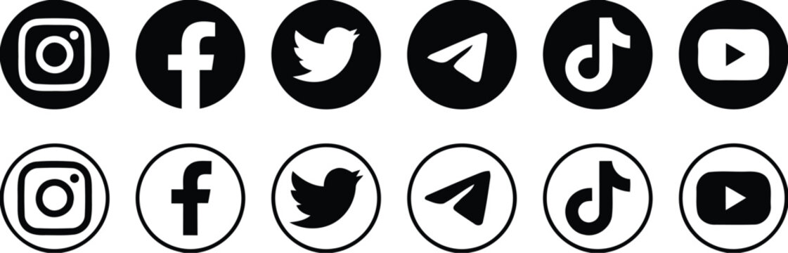 Popular black & white social media icons 2026 . X, Threads, Facebook, Instagram, YouTube, LinkedIn, Pinterest, WhatsApp, Telegram & Tik Tok.