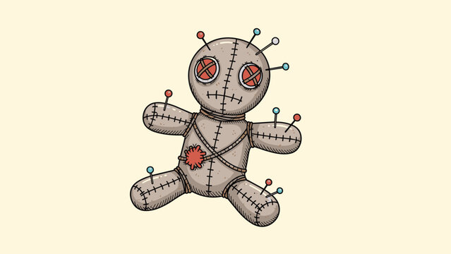 Creepy voodoo doll illustration shows a fabric figure with multiple needles inserted and stitched details on a plain background.