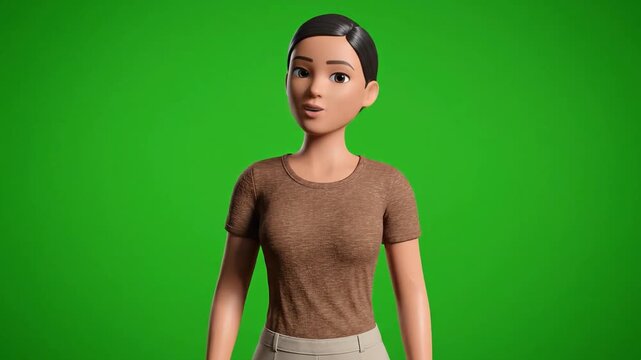 A simple and clean 3D animated female avatar in a brown shirt, presented on a green screen background. Perfect for presentations, explainer videos, or corporate animations.