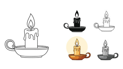Obraz premium Traditional lit candle in a metal holder presented in various artistic styles including line art silhouette and realistic color.