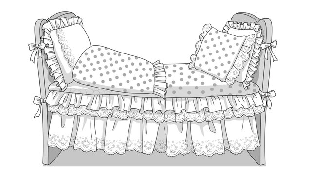 Highly detailed line drawing of an ornate baby cradle featuring decorative ruffles pillows and a soft comfortable sleeping area.
