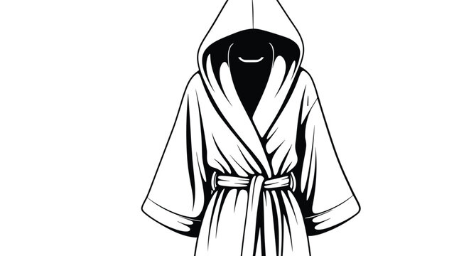 Mysterious and dramatic black and white illustration of a hooded cloak with deep shadows concealing the face of a hidden figure.
