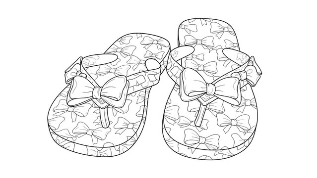 Detailed line art drawing of a pair of summer flip-flops with a bow and patterned soles for coloring book design.