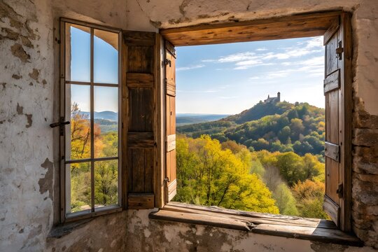 View from inside an old rustic building through an open window onto a castle on a hill with landscape building architecture exterior destination landmark historic mountains panorama