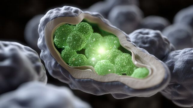 Cross-section illustration of adult hippocampus with fresh neurons highlighted in luminous green among existing gray matter cells in detailed anatomical rendering, ideal for neurogenesis research, b