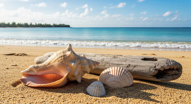 Giant Triton Conch Shell and Tropical Seashells on Sandy Beach with Driftwood and Ocean Background