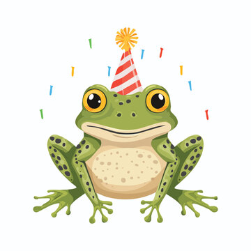 Cartoon frog wearing party hat with confetti on white background