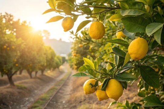 Close-up of ripe lemons hanging on a tree branch with sunlight, agriculture