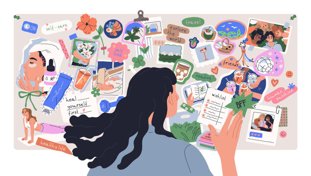 Woman creating vision board with notes, photos collage. Future goals, dreams, ambitions, ideas, motivation, desires and wishes on planning map . Flat vector illustration isolated on white background
