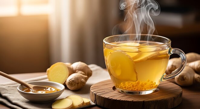 Steaming ginger tea in a glass cup on a wooden coaster with fresh ginger roots. gember