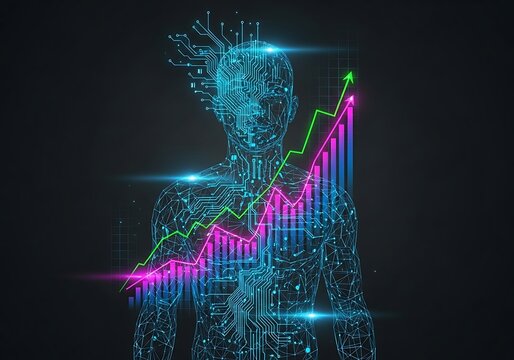 Futuristic Neon Human Figure with Rising Graph