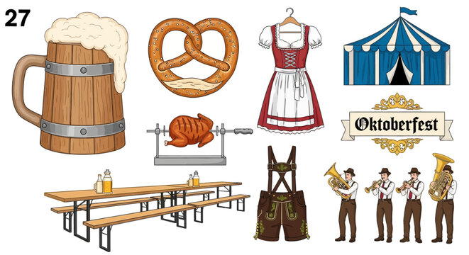 Oktoberfest Festival Elements Set: Traditional Beer Mug, Pretzel, Dirndl, Lederhosen, Tent, Roast Chicken & Brass Band