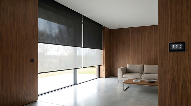 Luxury modern interior featuring automatic double solar blackout roller blinds and electric motorized sunscreen curtains with elegant wooden wall decor panels for contemporary architectural design.