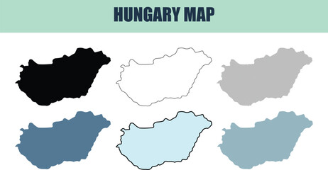 Fototapeta premium Hungary map variations in silhouette outline and filled styles on a white background
