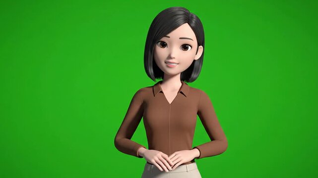 A simple and clean 3D animated female avatar in a brown shirt, presented on a green screen background. Perfect for presentations, explainer videos, or corporate animations.