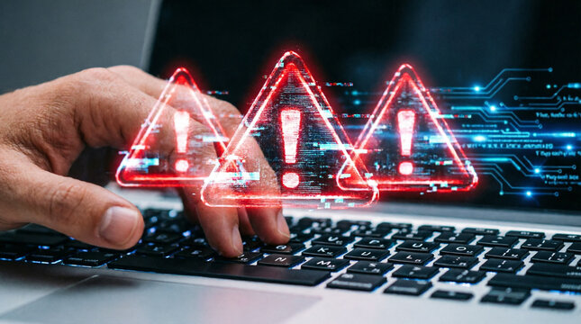 Cybersecurity warnings highlight system risks with urgent alerts in modern office workspace.