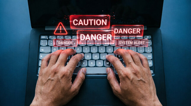 Cybersecurity warnings highlight system risks with urgent alerts in modern office workspace.