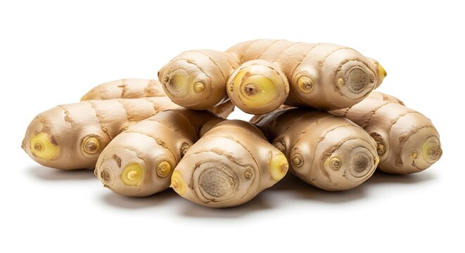Fresh ginger roots piled together on white background. gember
