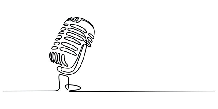 Single continuous line drawing of a classic vintage microphone for music and podcasting