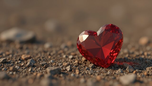 A Large Red Gemstone Heart Shaped Crystal Lies on Rough Ground with Small Rocks and Dirt in a Shallow Depth of Field Background