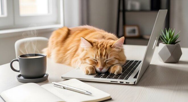 Ginger cat sleeping on laptop keyboard at home office desk with cup of hot coffee and notebook morning routine work from home concept lazy kitten napping on computer in bright room