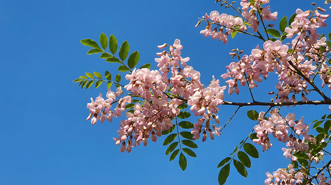 Stunning Gliricidia maculata legume tree showcasing delicate pink Do Anh Dao blossoms or Do Mai floral petals blooming vibrantly under a clear sunny blue sky background during springtime.
